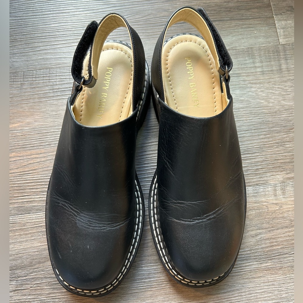 Poppy Barley The Lug Mule Black Leather Slingback Clogs